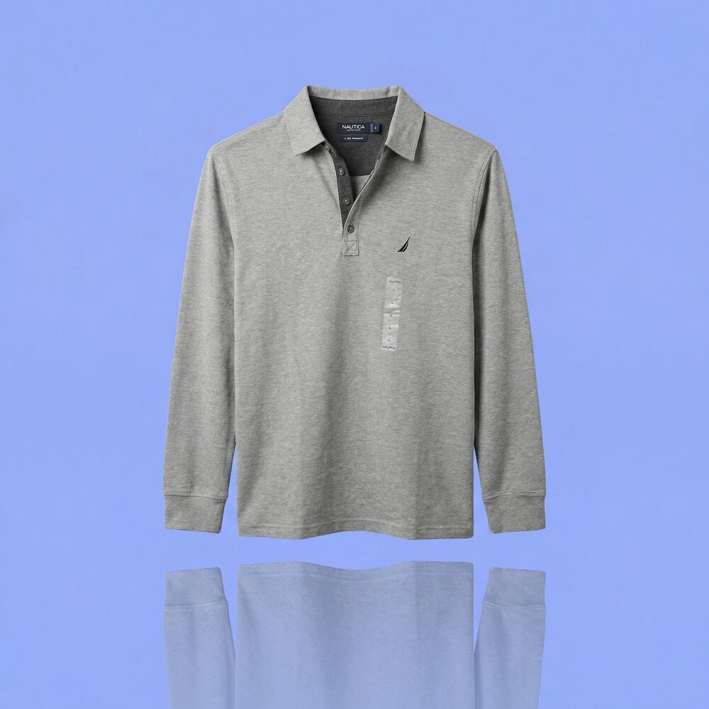 Nautica Men’s Large New Heather Grey Long Sleeve Polo Shirt